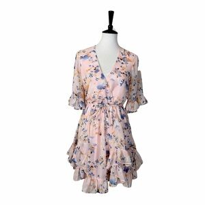 One and Only Collective Floral Wrap Dress Ruffle Mini Boho Size XS Pink Blue
